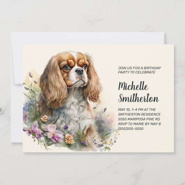 Convites Aniversário de Mulher Cavalier King Charles Spanie (Frente)