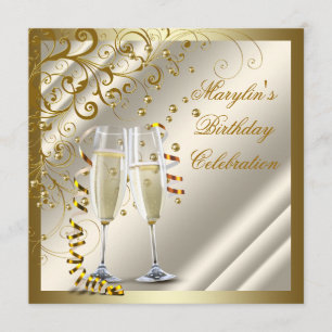 Convites Aniversário de mulher elegante marfim dourado
