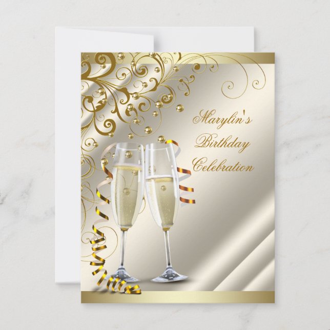 Convites Aniversário de Mulher Elegante Marfim Dourado (Frente)
