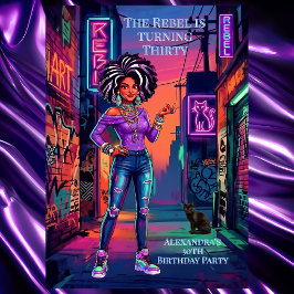 Convites Aniversário de Mulher Rebelde Grafite Neon Roxo Be