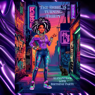 Convites Aniversário de Mulher Rebelde Grafite Neon Roxo Be