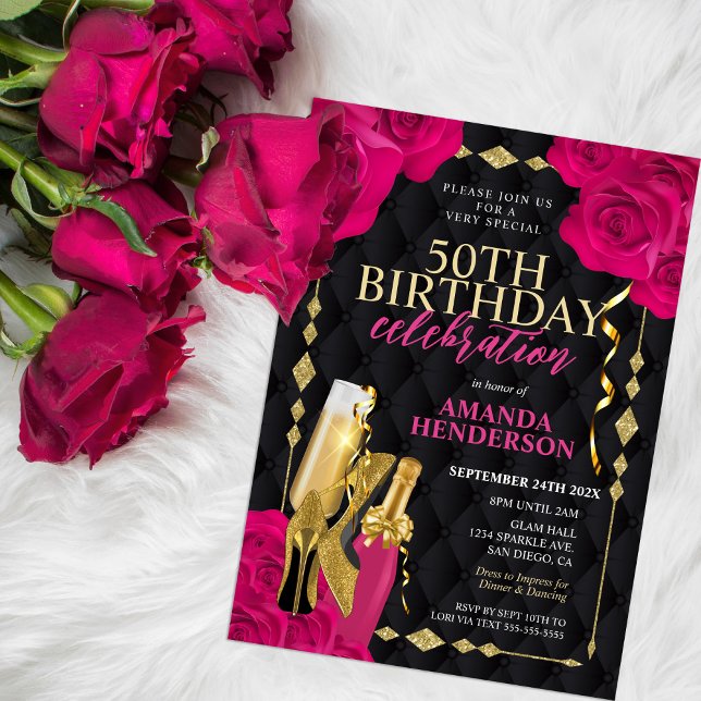 Convites Aniversário de Mulheres Rosa e Dourado (Criador carregado)