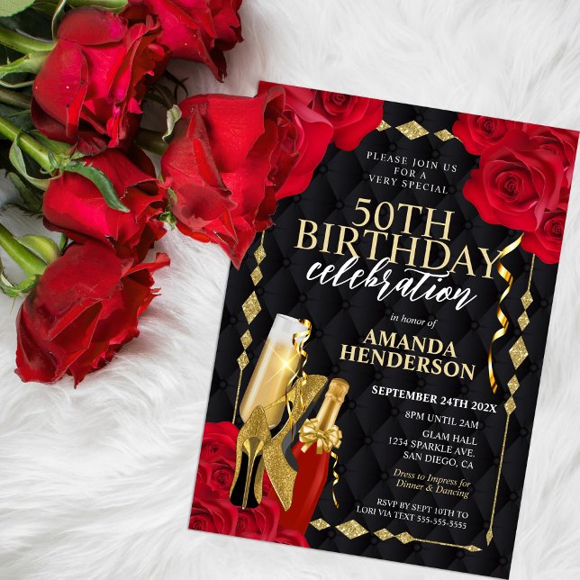 Convites Aniversário de Mulheres Vermelho e Dourado (Criador carregado)