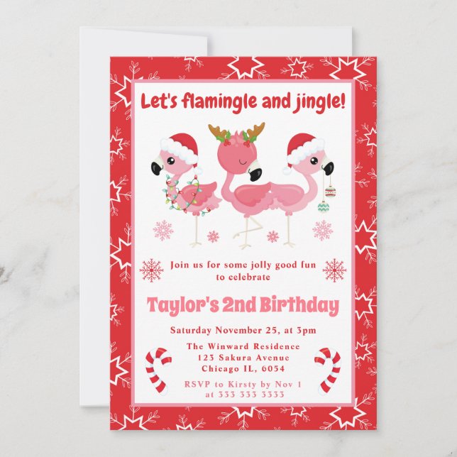 Convites Aniversário de Natal Flamingle e Jingle Flamingo (Frente)