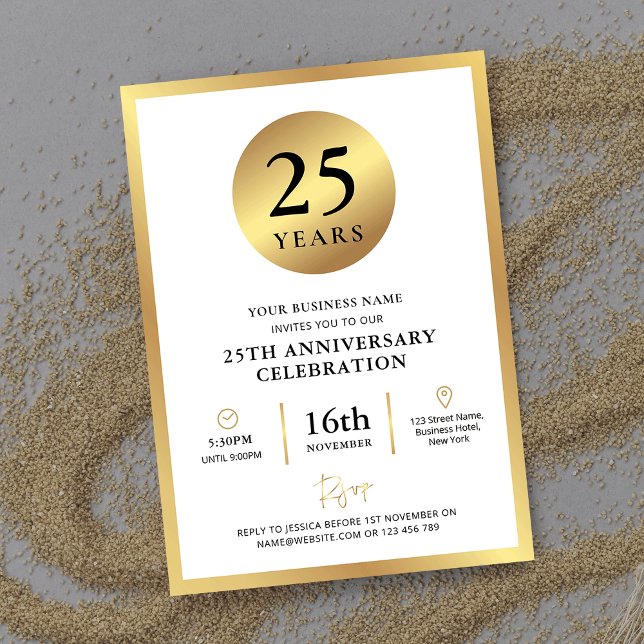 Convites Aniversário de Negócios de Elegante para Eventos d (Elegant white and gold Business Birthday Invitation with fully editable text, perfect for your party)