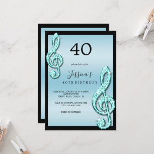 Convites Aniversário de Notas Musicais Azul Turquesa Glamur