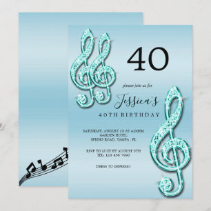 Convites Aniversário de Notas Musicais Azul Turquesa Glamur