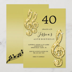 Convites Aniversário de Notas Musicais Douradas Glamurosas
