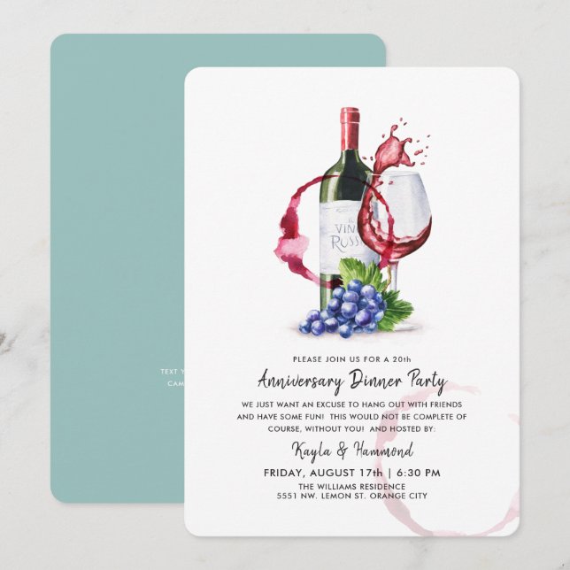 Convites Aniversário de Ocasião de Jantar & Vinho (Frente/Verso)