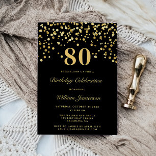 Convites Aniversário de Oitenta 80 Anos Elegante Preto e Do