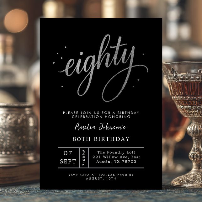 Convites Aniversário de Oitenta 80 Elegante Preto e Prata (Eighty and elegant ✨ Celebrate a lifetime of style with this black and silver invite.)