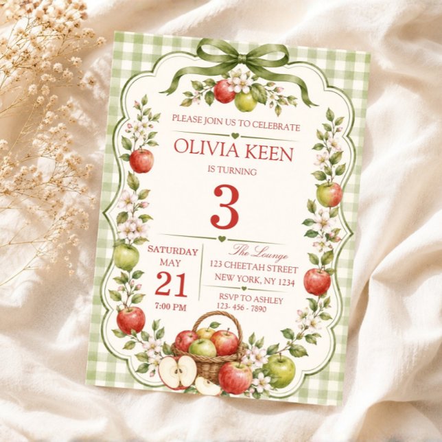 Convites Aniversário de Outono no Pomar de Maçãs com Xadrez (Apple Picking Party Invite, Apple Theme Birthday Invitation)