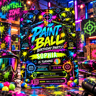 Convites Aniversário de Paintball Neon Colorido Salpico de