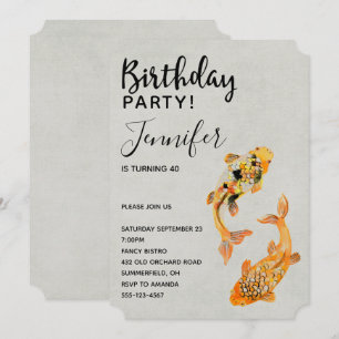 Convites Aniversário de Peixe Koi Na moda Dourado