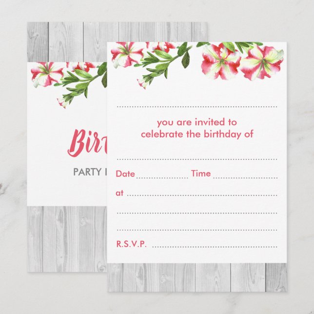 Convites Aniversário de Petunias, Reboque de Aquarelas Rást (Frente/Verso)