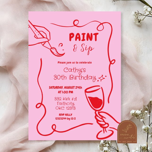 Convites Aniversário de Pintura e Bebida em Rosa e Vermelho (Criador carregado)