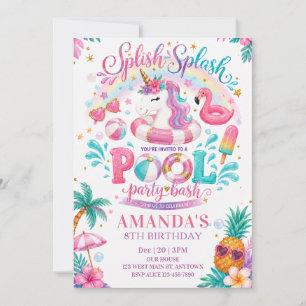 Convites Aniversário de Piscina com Unicórnio Pastel e Flam