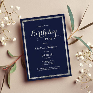 Convites Aniversário de prata azul-marinho Elegante