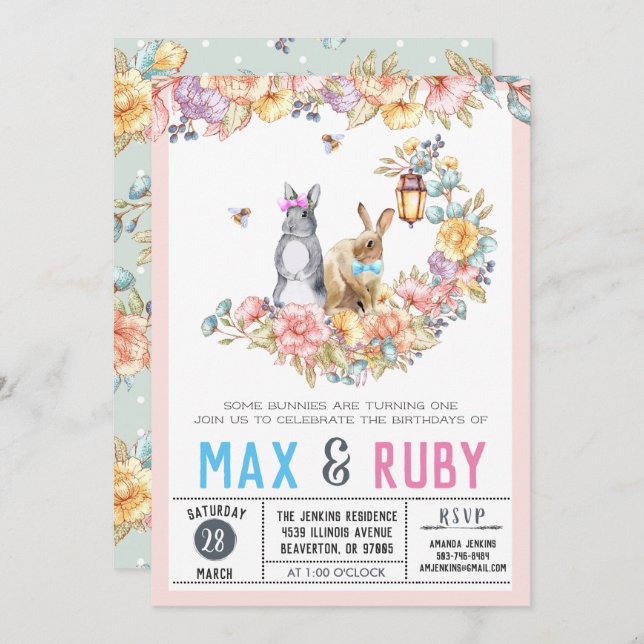 Convites Aniversário de Primavera de Garoto e Rapariga (Frente/Verso)