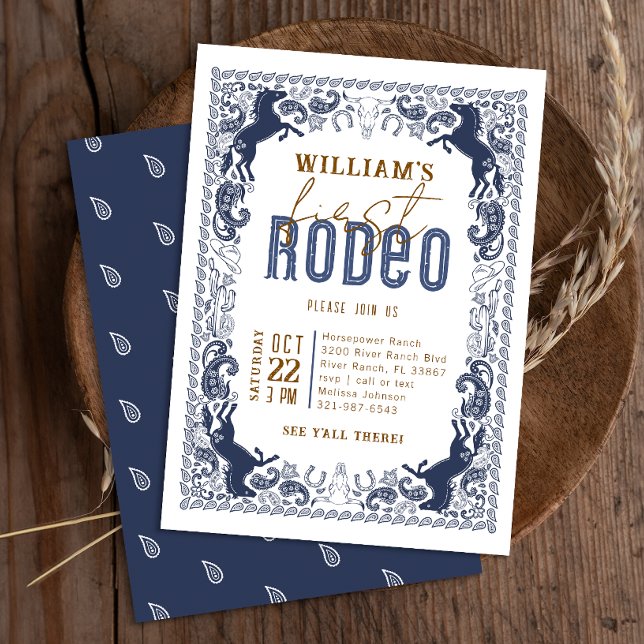 Convites Aniversário de Primeiro Rodeio Azul Marinho Ociden (Wild West Birthday Invite - Navy Blue)