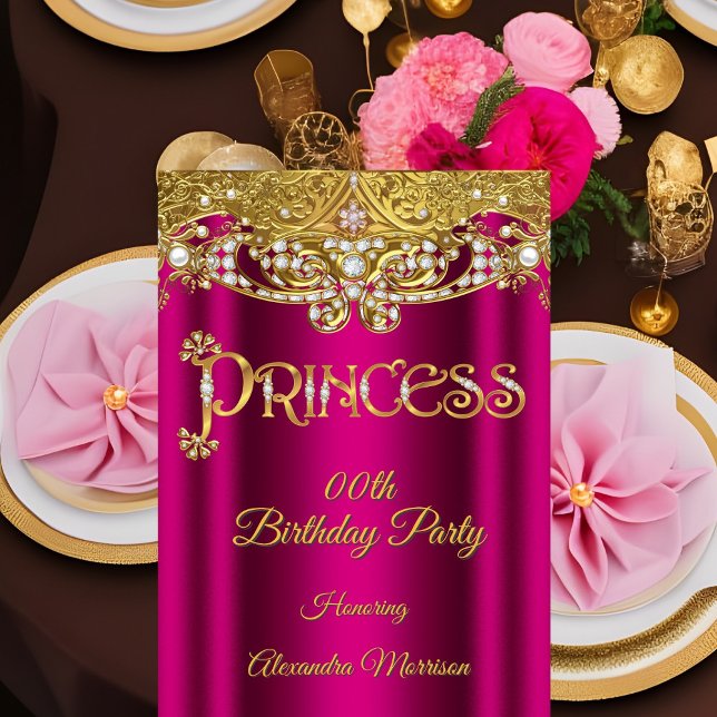Convites Aniversário de princesa Rosa brilhante Diamante Ou (Criador carregado)