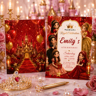 Convites Aniversário de Princesa Vermelho e Dourado Luxuoso
