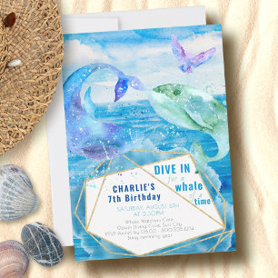 Convites Aniversário de Qualquer Idade Baleia Oceano Aquare