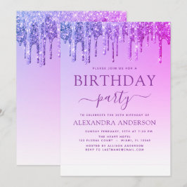 Convites Aniversário de qualquer idade com brilho roxo rosa