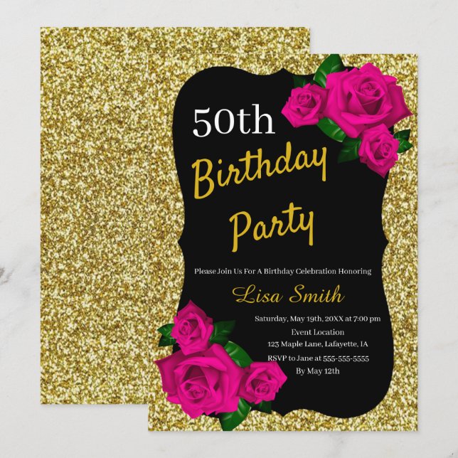 Convites Aniversário de Qualquer Idade Dourado Brilho Rosas (Frente/Verso)