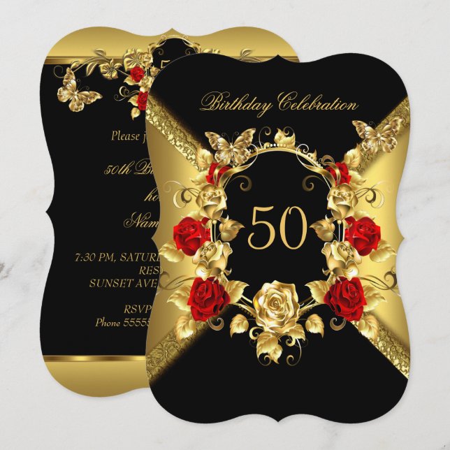 Convites Aniversário de qualquer idade Elegante Ouro Rosas  (Frente/Verso)