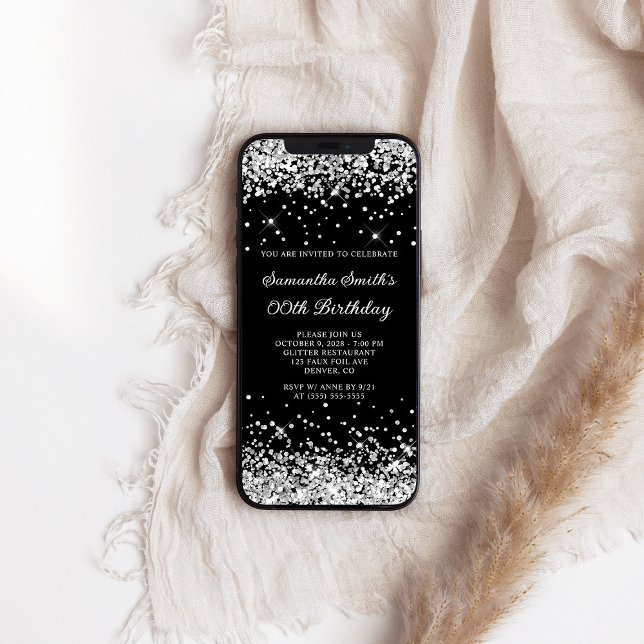 Convites Aniversário de qualquer idade em preto e brilho pr (Black and Silver Glitter Any Age Birthday Invitation)