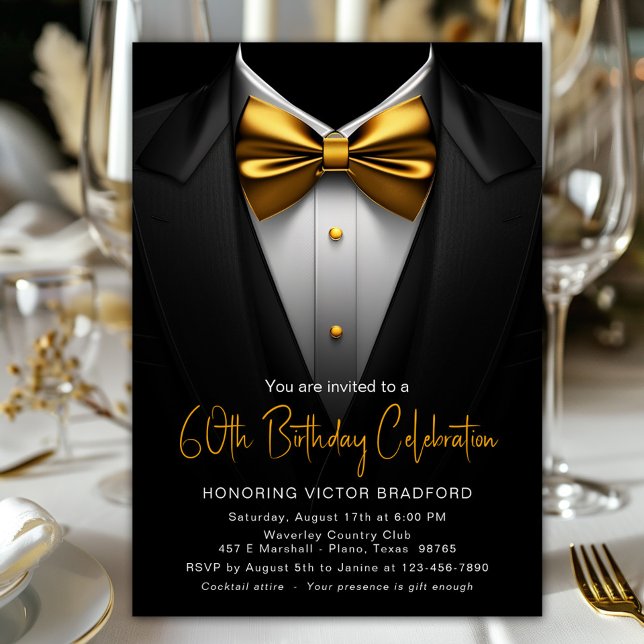 Convites Aniversário de Qualquer Idade para Homens em Tuxed (Black tuxedo with elegant gold tie any number birthday or event invitation. Simply add your details.)