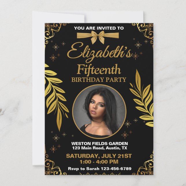 Convites Aniversário de qualquer idade Preto e Dourado (Frente)
