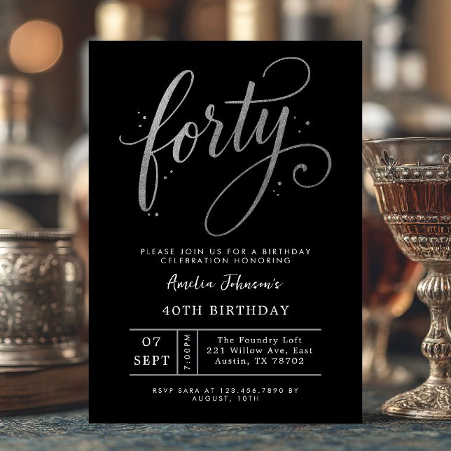 Convites Aniversário de Quarenta 40 Elegante Preto e Prata (Forty and flawless ✨ Celebrate in style with this chic black and silver invite.)