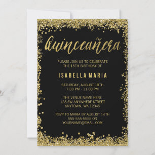 Convites Aniversário de Quinceanera do brilho Dourado pret