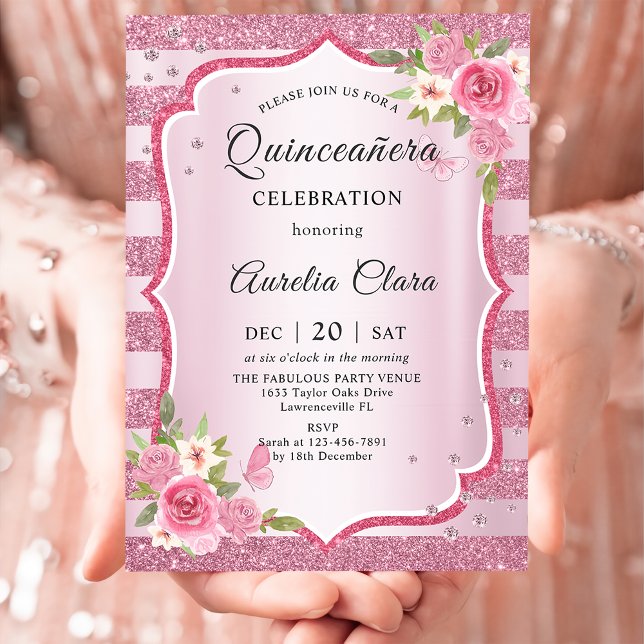 Convites Aniversário de Quinceañera Floral Rosa (Criador carregado)