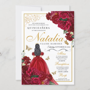 Convites Aniversário de Quinceanera Floral Vermelha e Doura