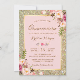 Convites Aniversário de Quinceanera | Flores Rosa Dourado B