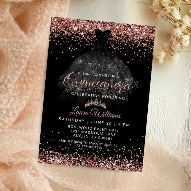 Convites Aniversário de Quinceañera Princesa com Brilho em  (Black & Rose Gold Princess Dress quinceañera Birthday Invitation)