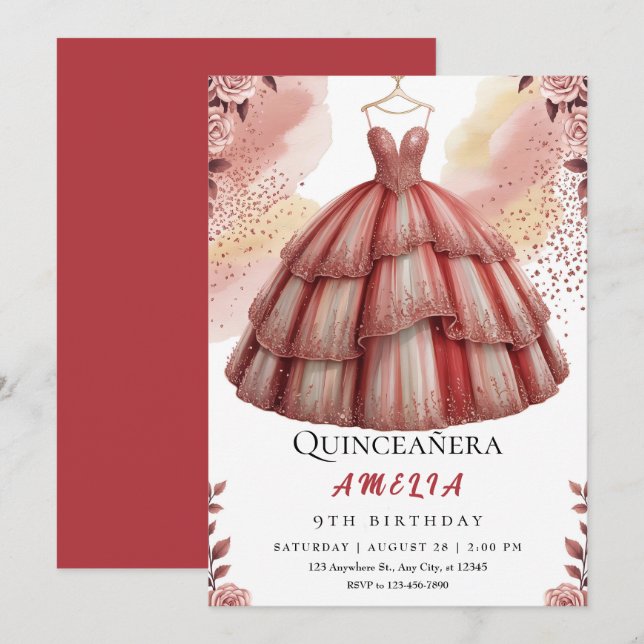 Convites Aniversário de Quinceañera Rosa Dourada russa (Frente/Verso)