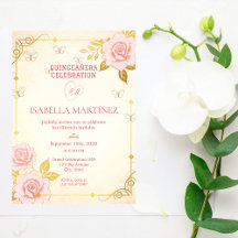 Aniversário de Quinceanera Rosa Dourado Elegante V