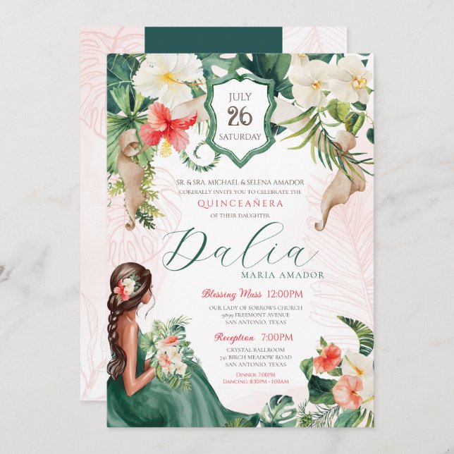 Convites Aniversário de Quinceanera tropical (Frente/Verso)
