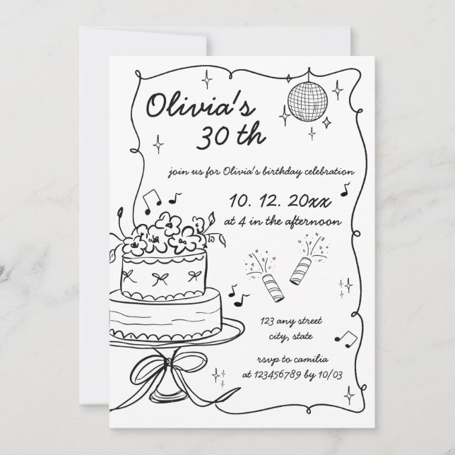 Convites Aniversário de Rabisco Escrito à Mão Desenhado à M (Frente)