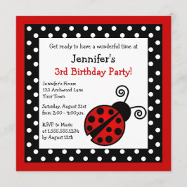 Convites Aniversário de Red Ladybug - Bolinhas Pretas e Bra