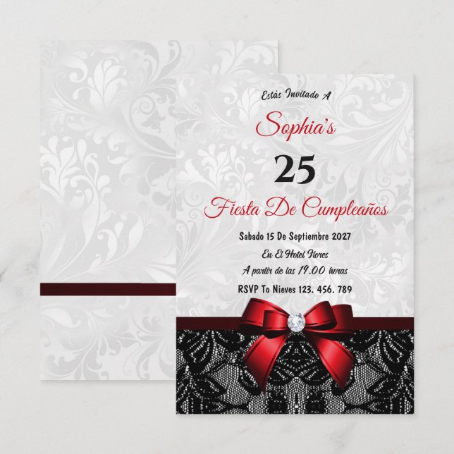 Convites Aniversário de Renda e Damasco (Frente/Verso)