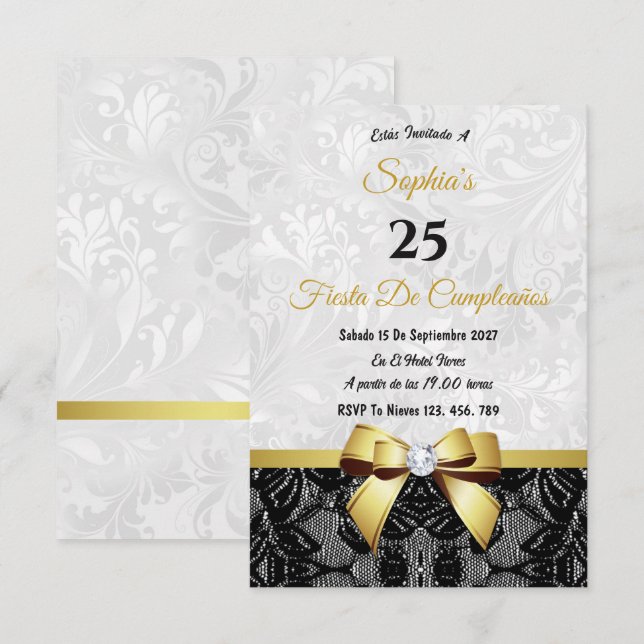 Convites Aniversário de Renda e Damasco (Frente/Verso)