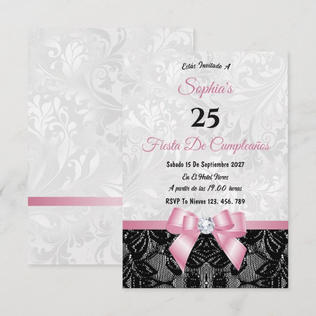 Convites Aniversário de Renda e Damasco (Frente/Verso)