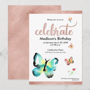 Convites Aniversário de rosegold de borboleta com aquarela
