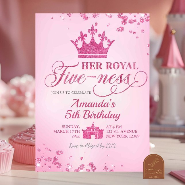 Convites Aniversário de Royal Fiveness com Brilho Rosa (Criador carregado)