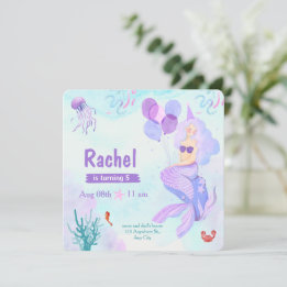Convites Aniversário de Sereia com Aquarela Rosa e Roxa